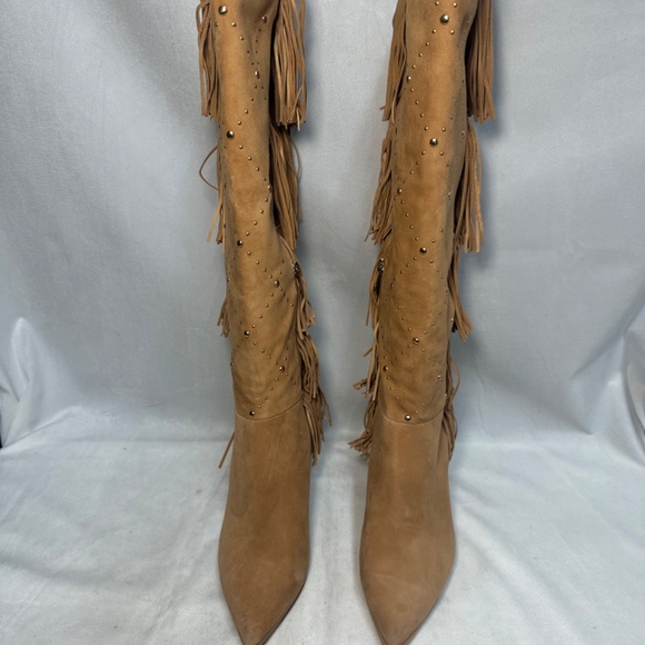 Vince Camuto Panaryaz leather fringe/ studded boots Tan New - Picture 3 of 5